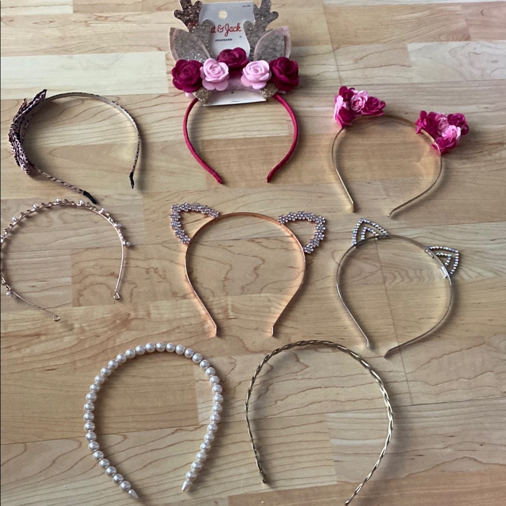 Set of 8 gold, Floral, Pearl, and cat ears Headband Collection